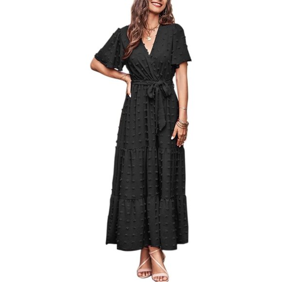 Women’s Swiss Dot Maxi Dress Flowy V Neck Short Sleeve Boho Casual - Picture 1 of 9